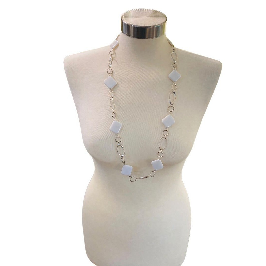 Silvertone and White Acrylic Square Necklace Overhead 34″ Lightweight