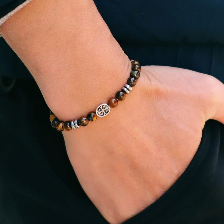 Men’s Cross Beaded Bracelet Lava Turquoise Tiger Eye Viking Style