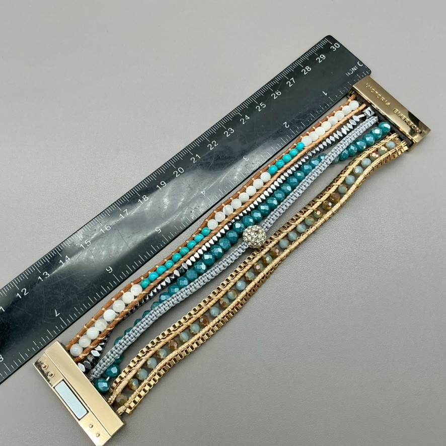 Victoria Emerson Bracelet Multi Strand Teal Beaded Crystal Leather Magnetic 7.5″