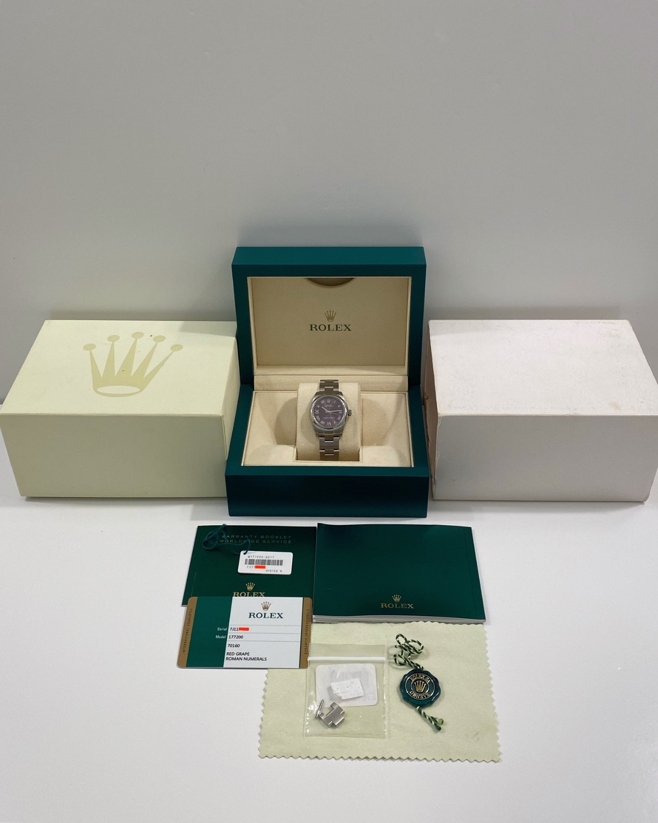 2017 Rolex 177200 Oyster Perpetual 31mm Purple Roman Grape Dial Box and Papers