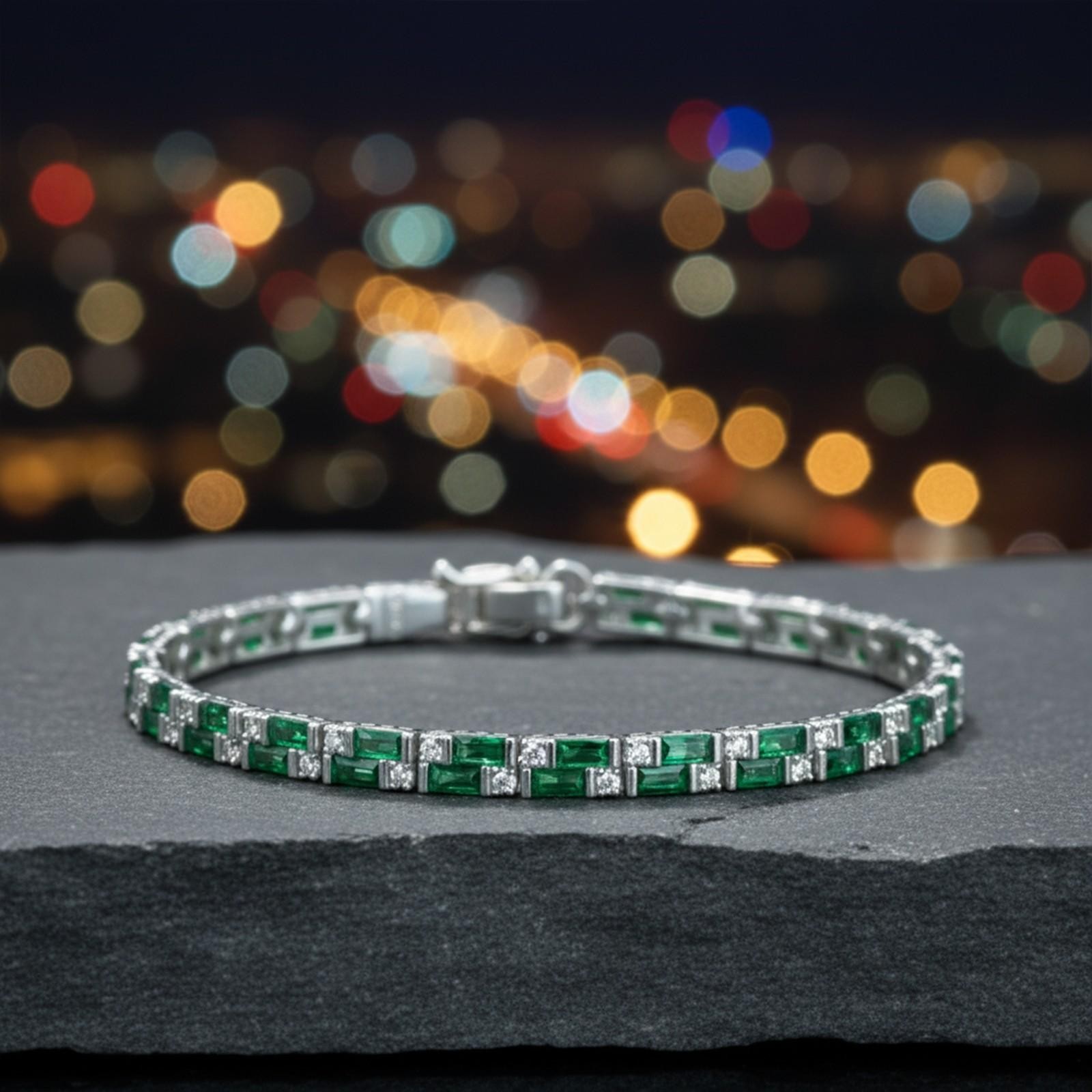 Green Zircon Gemstone Handmade 925k Silver Chain Tennis Bracelet for Men