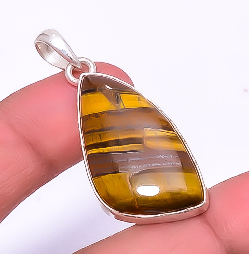 Yellow Tiger Eye – South Africa Gemstone 925 Sterling Silver Pendant 1.79″ A347
