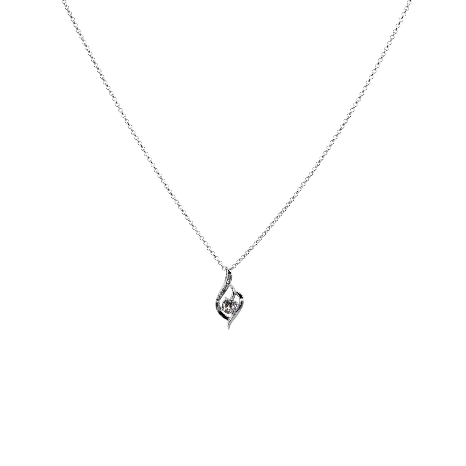 Round Rolo Chain Necklace Pendant Water Drop Zircon 925 Sterling Silver Women