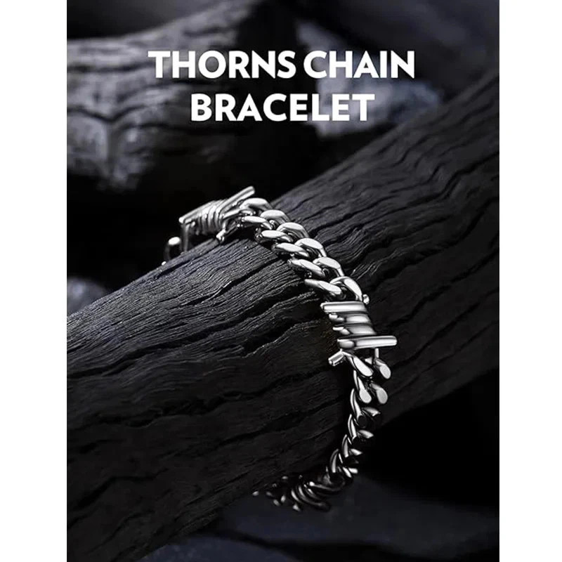 Barbed Wire Cuban Link Chain Bracelet Adjustable Stainless Steel Punk Emo