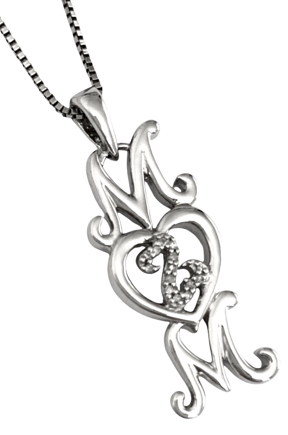 JANE SEYMOUR Sterling Silver DIAMOND OPEN HEART MOM Pendant & Box Chain Necklace