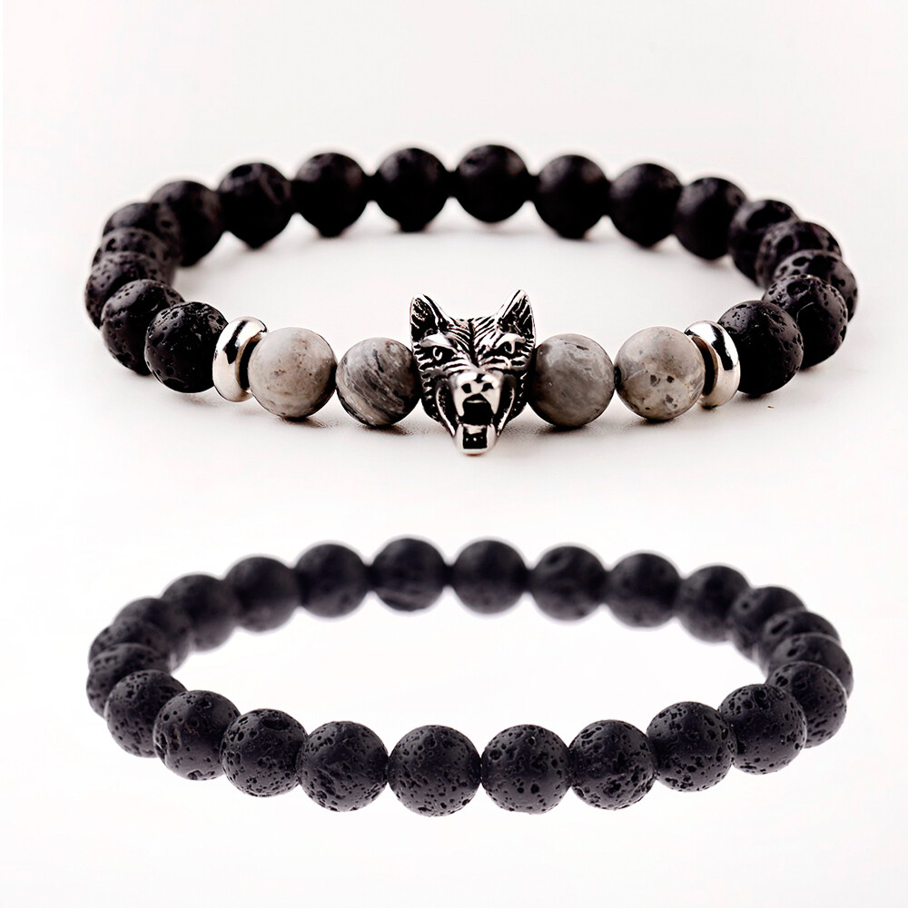 2Pcs Punk Men’s 8mm Lava Rock Diffused Stone Wolf Head Charm Bracelets Bangle