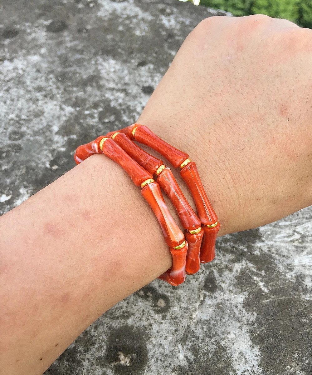 3 pc Leopard Acrylic Bamboo Beaded Bracelet Women Retro Thin Tube Stack Jewelry