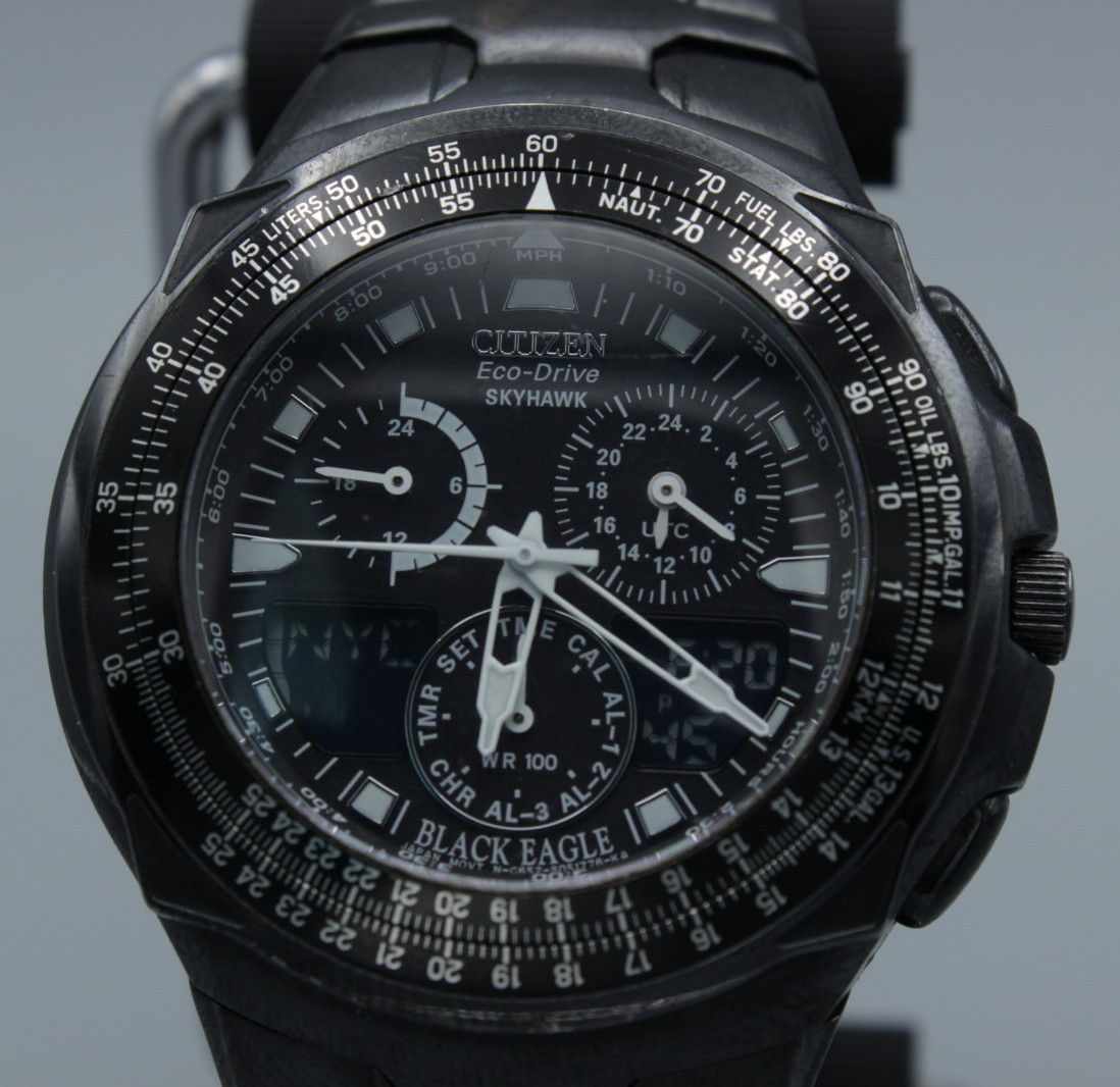 Citizen Eco-Drive Skyhawk Black Eagle Pilot Chronograph Watch Working