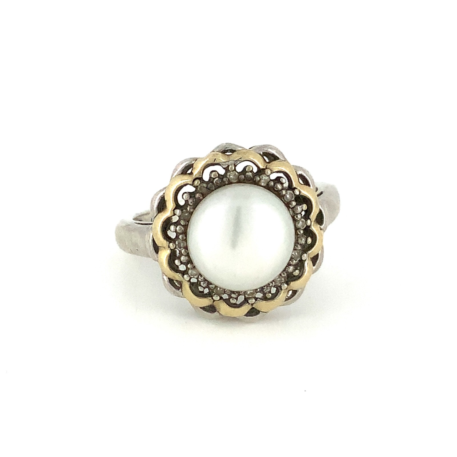 Adrienne Vittadini Mabé Pearl, Diamond, 14K YG, Sterling Silver Ring Sz. 4.75