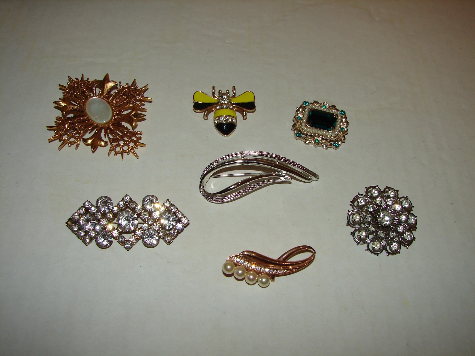 Vintage Lot 7 Brooches One Designer Signed Sarah Cov. Rhinestones and Faux Pearl