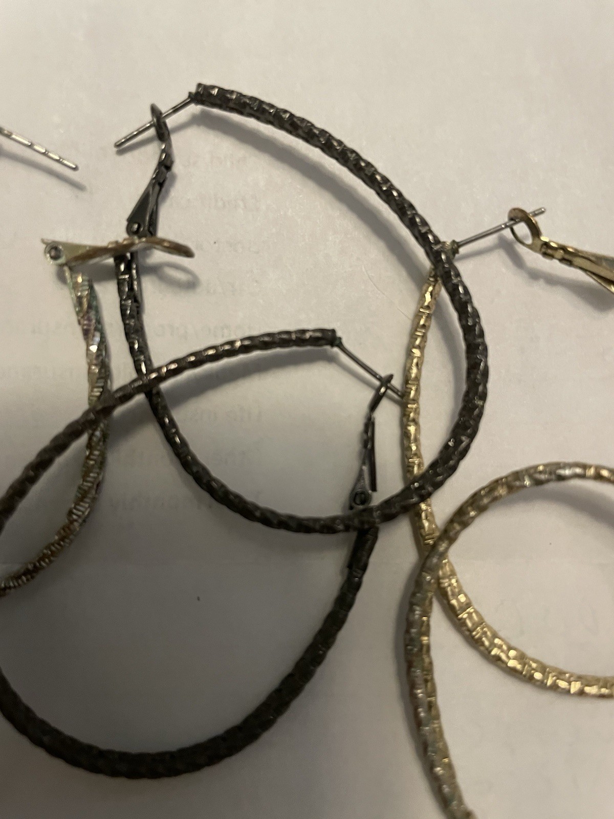 Lot of 3 Pairs Oval Textured Hoop Earrings Latch Back Gold Silver Black