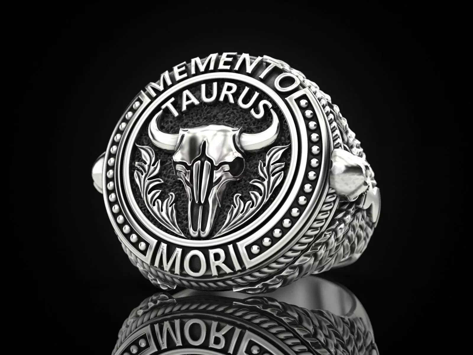 Oxidized Mens Zodiac Taurus Skull Gothic Punk 925Sterling Silver Statement Rings