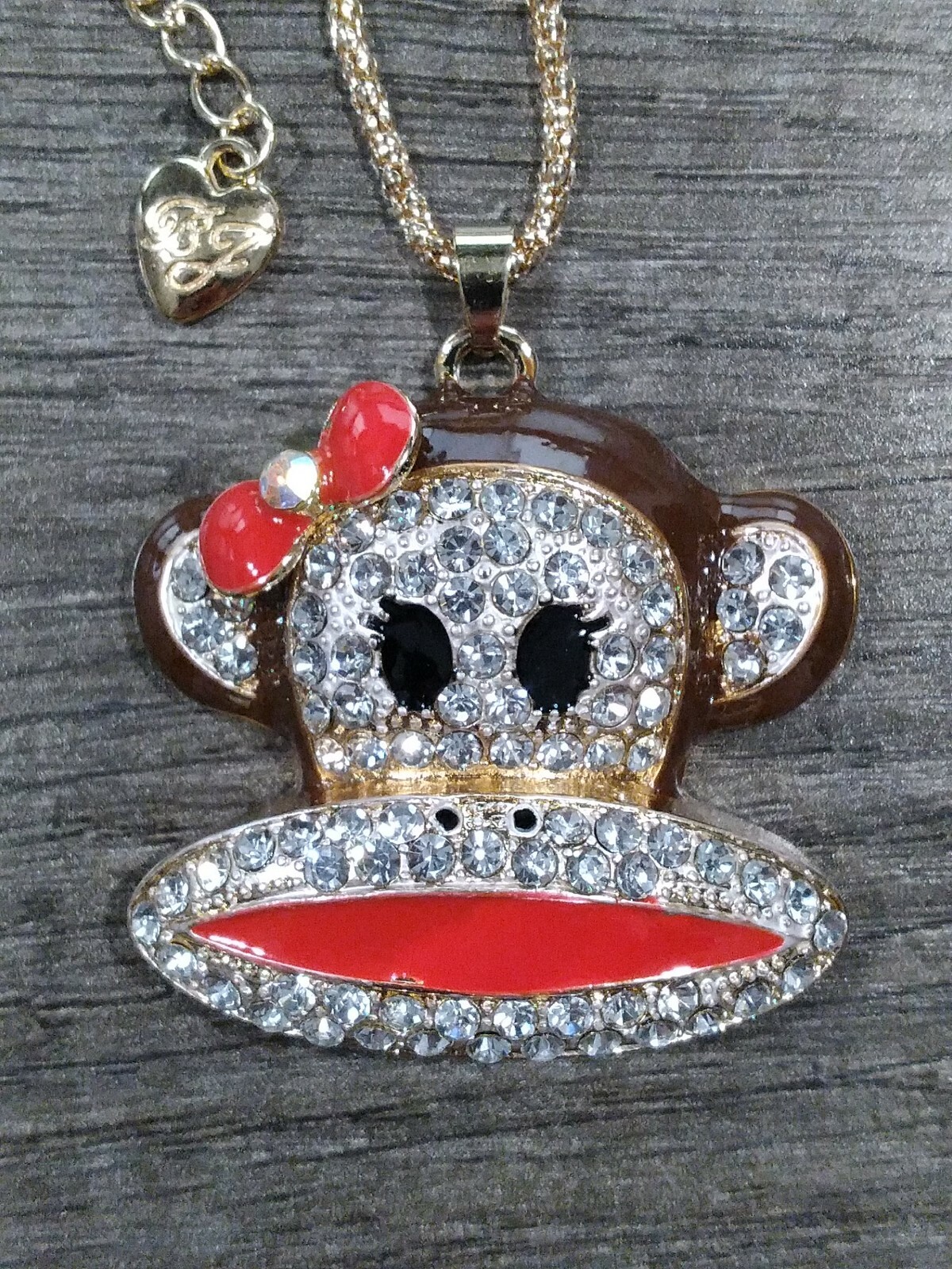 Eclectic Whimsical BROWN CARTOON MONKEY FACE Rhinestone Pendant Necklace