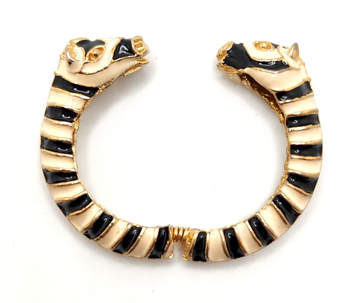 Kenneth Jay Lane Black & Cream Double Zebra Head Enamel Hinged Cuff Bracelet, 6″