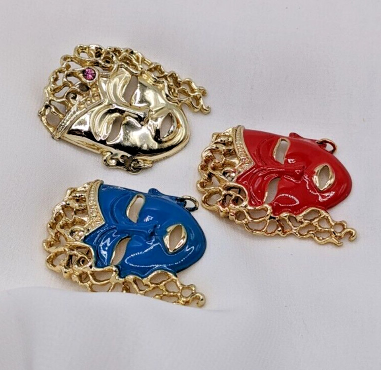 Vintage Pretty Lady Face Mask Brooch Pin Lot of 3 Red Blue Enamel Gold Tone