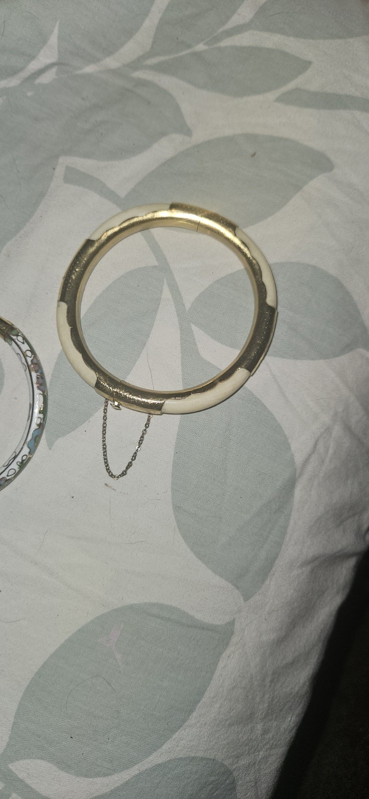 Gold & Ivory Hinged Oval Bangle Bracelet with Safety Chain, 2 Piece Set.