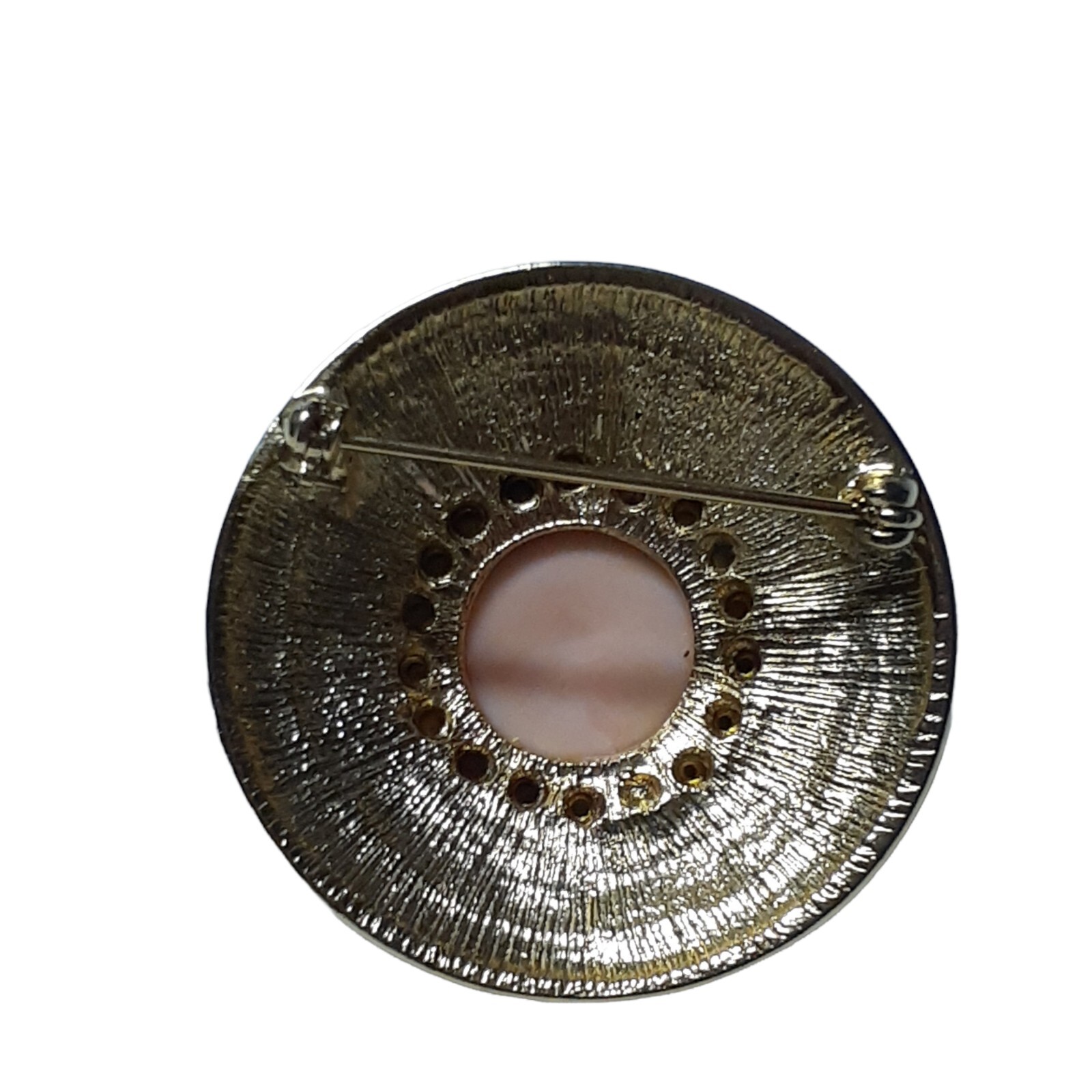 Vtg Brooch Pink Enameled Round Hat Brim Rhinestone Brown Diamond Shape Pattern