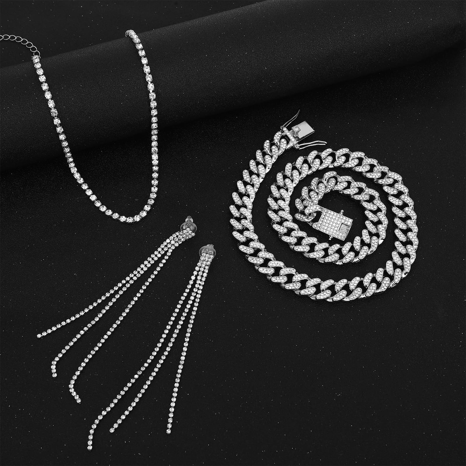 NEWITIN 13 Pieces Silver Jewelry Set for Women Stainless Steel Cuban Link Nec…