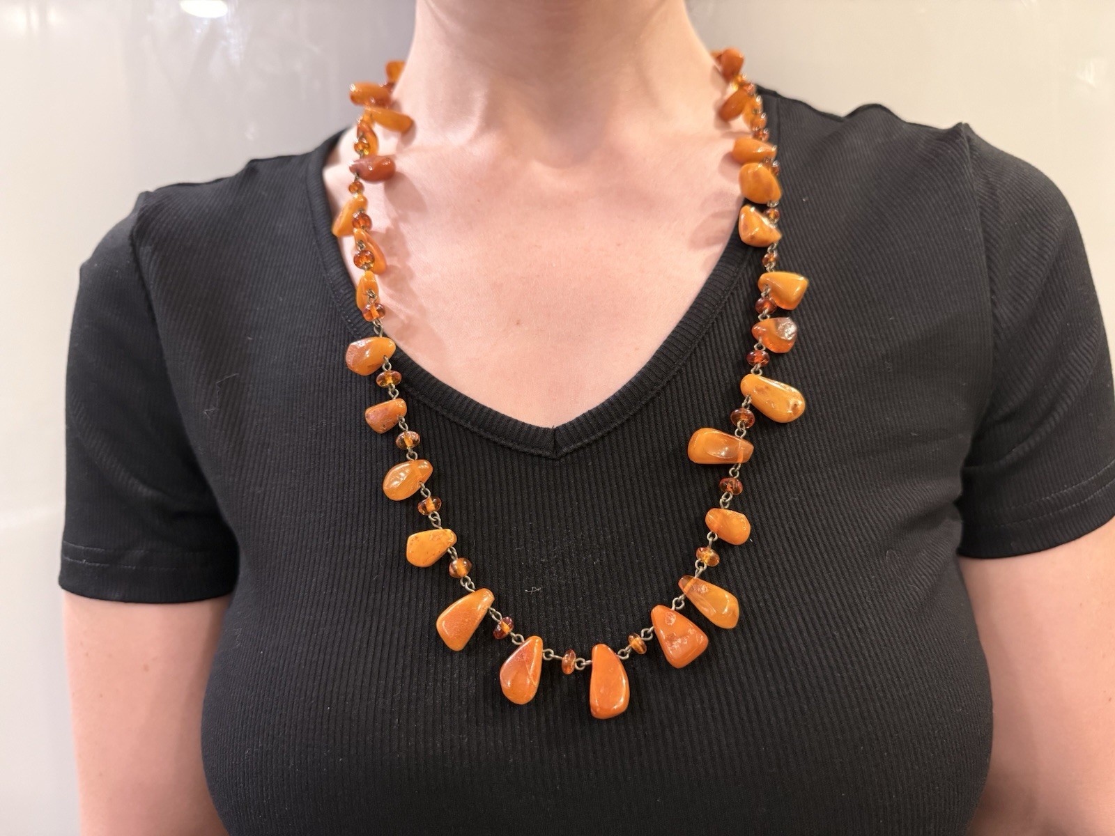 Vintage Genuine Amber Nugget Bead Necklace Honey Cognac Graduated 42g Estate