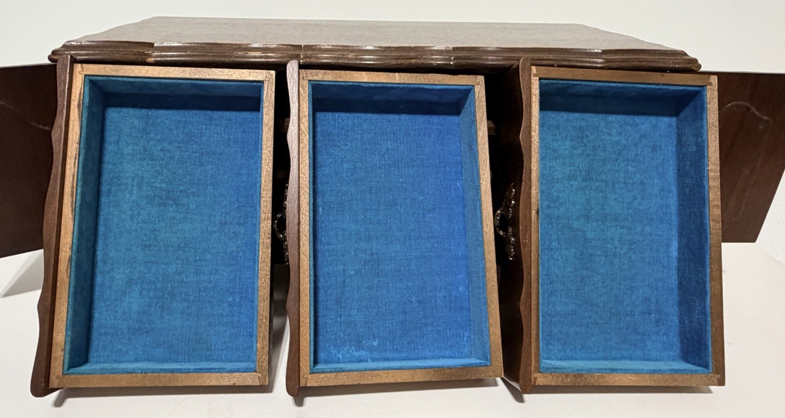 Vintage Wood Jewelry Box Blue Velvet Lined Plays Music Table Top 7 Drawers Doors