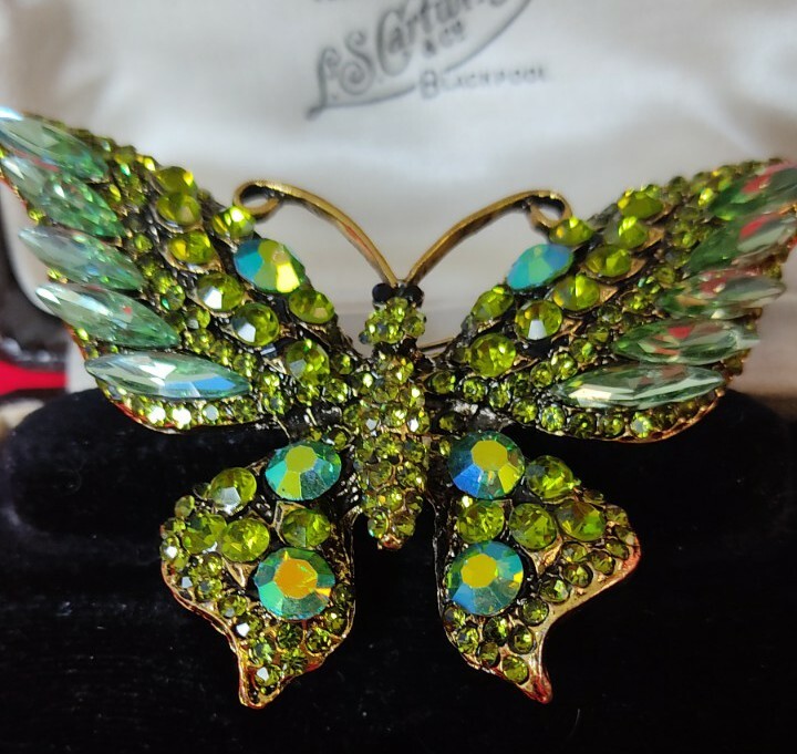 Vintage Style Large Green Crystal Butterfly Brooch Pin
