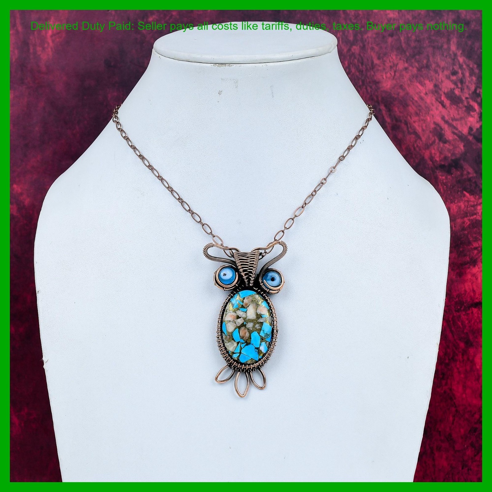 Copper Natural Pink Opal Copper Turquoise Blue Color Evil Eye Art Deco Pendant