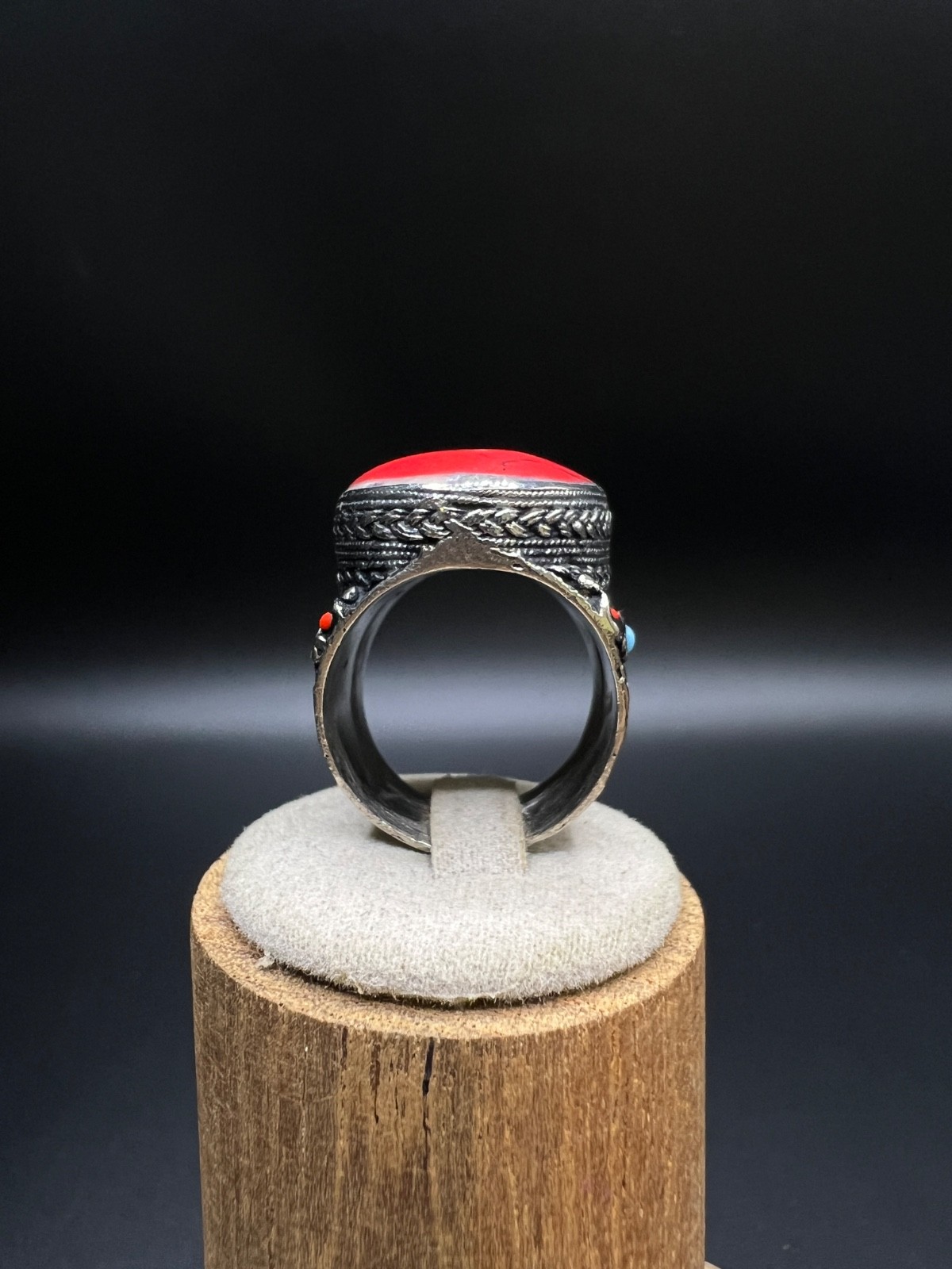 Vintage Red Coral Statement Ring, Large Oval Cabochon Ring, Tibetan Tribal Boho