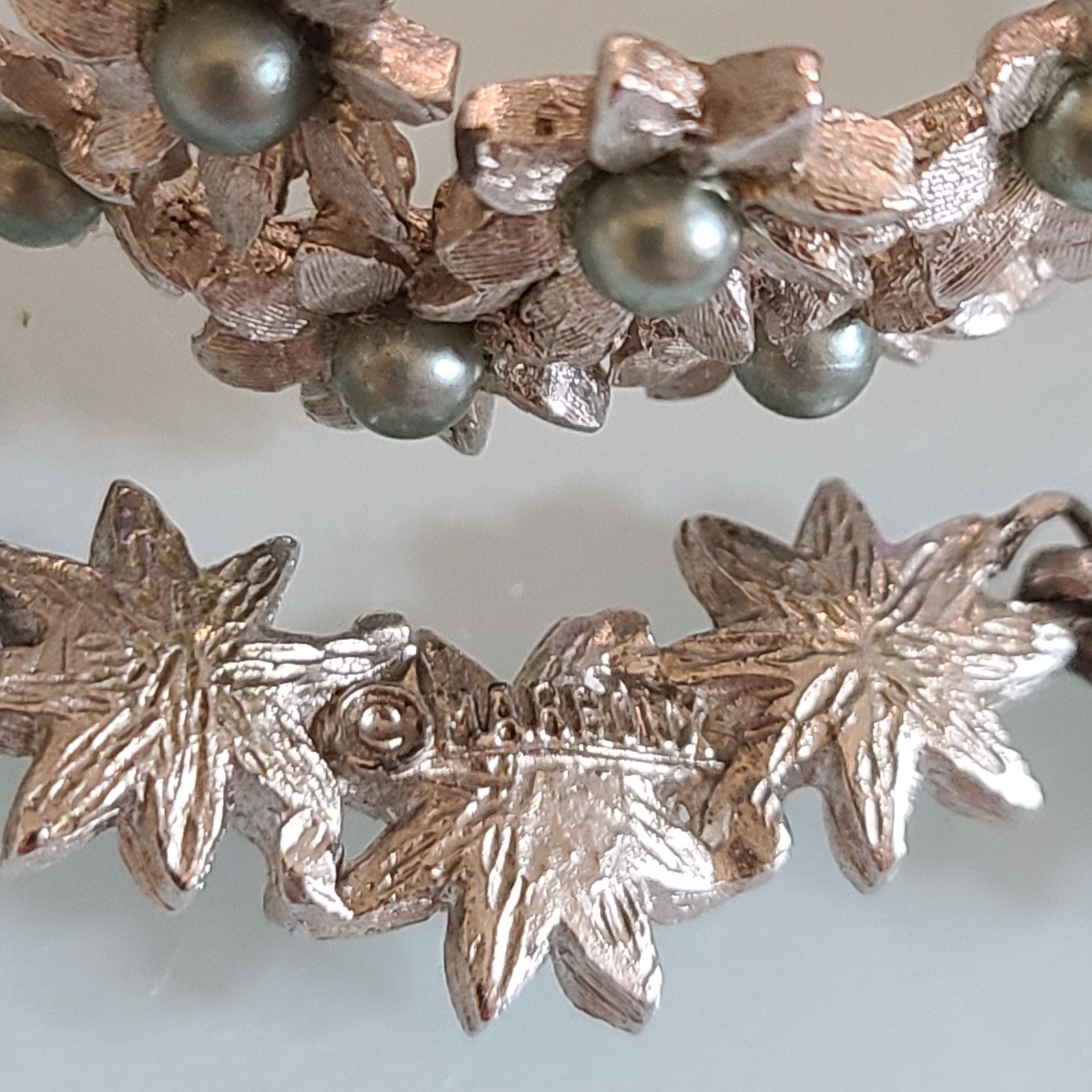 Vintage Marboux BOUCHER Floral Clamper Bracelet Necklace Set Grey Green Pearl