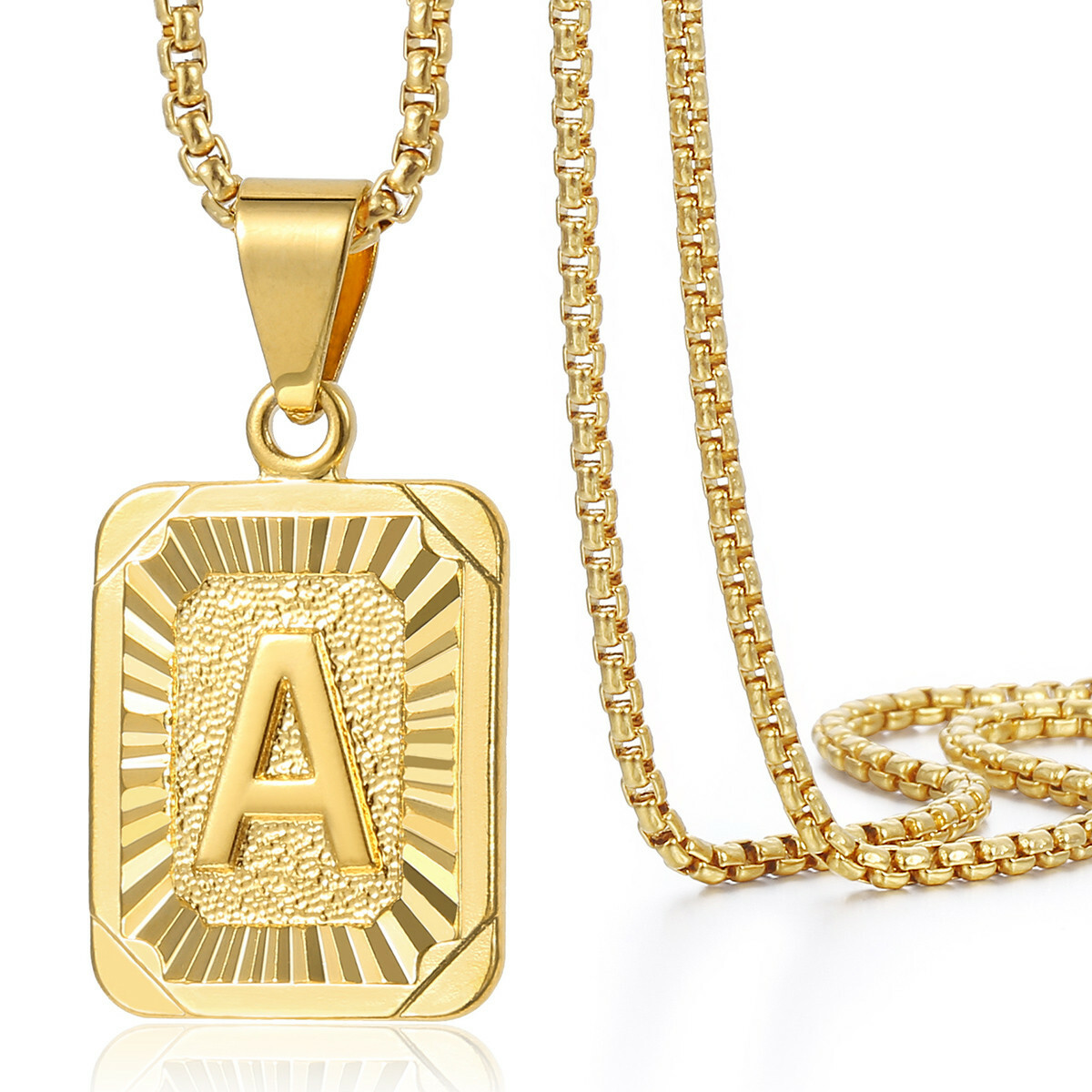 Gold Plated Square Initial Letter A-Z Pendant Necklace 2mm 18-36″ Box Link Chain