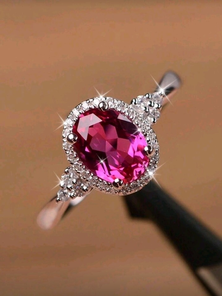 Silver-Plated Zinc Ring Hot Pink Oval CZ With White/Colorless Inlay Size 8