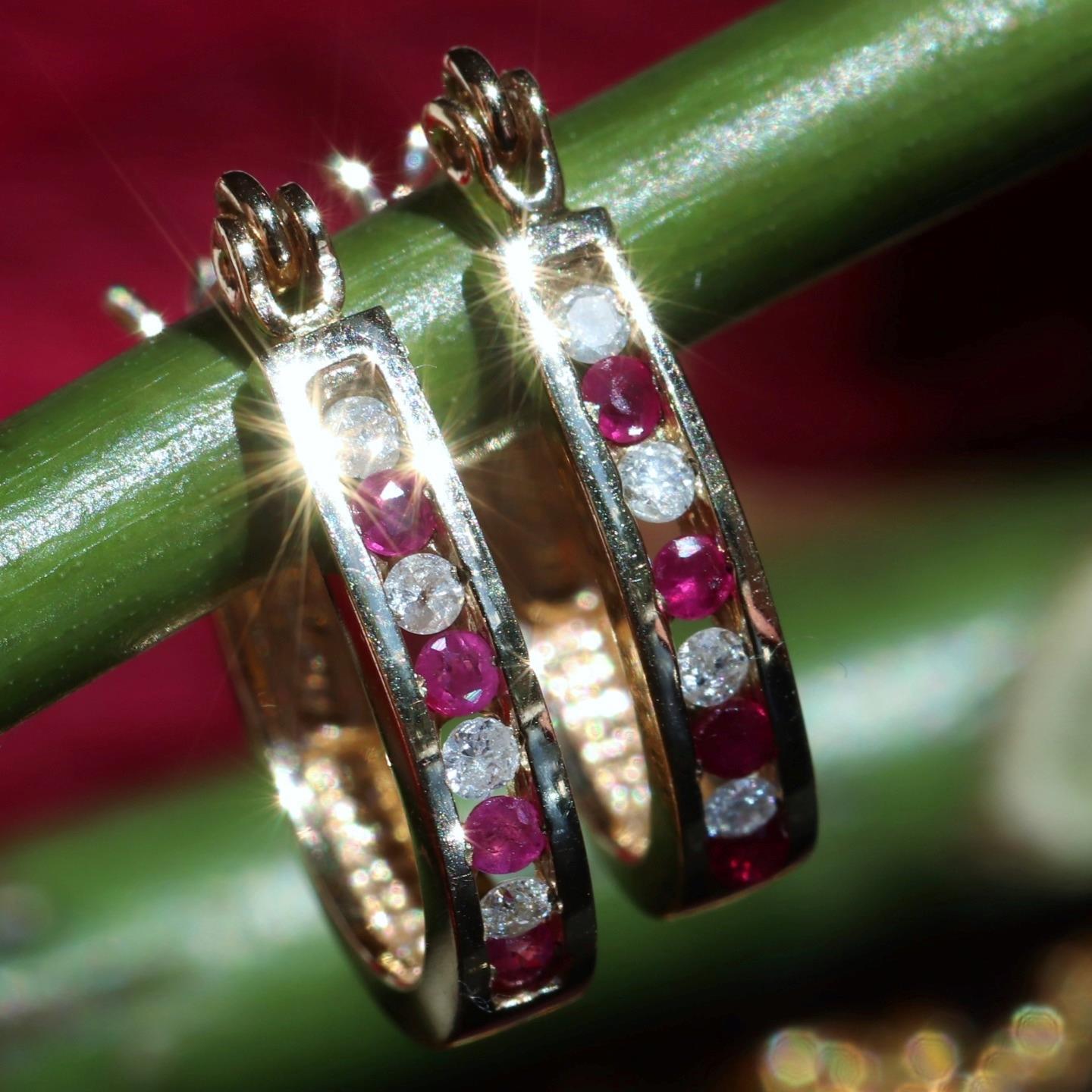10k yellow gold earrings 0.27ct natural, treated ruby diamond hoop 2.20gr N3634