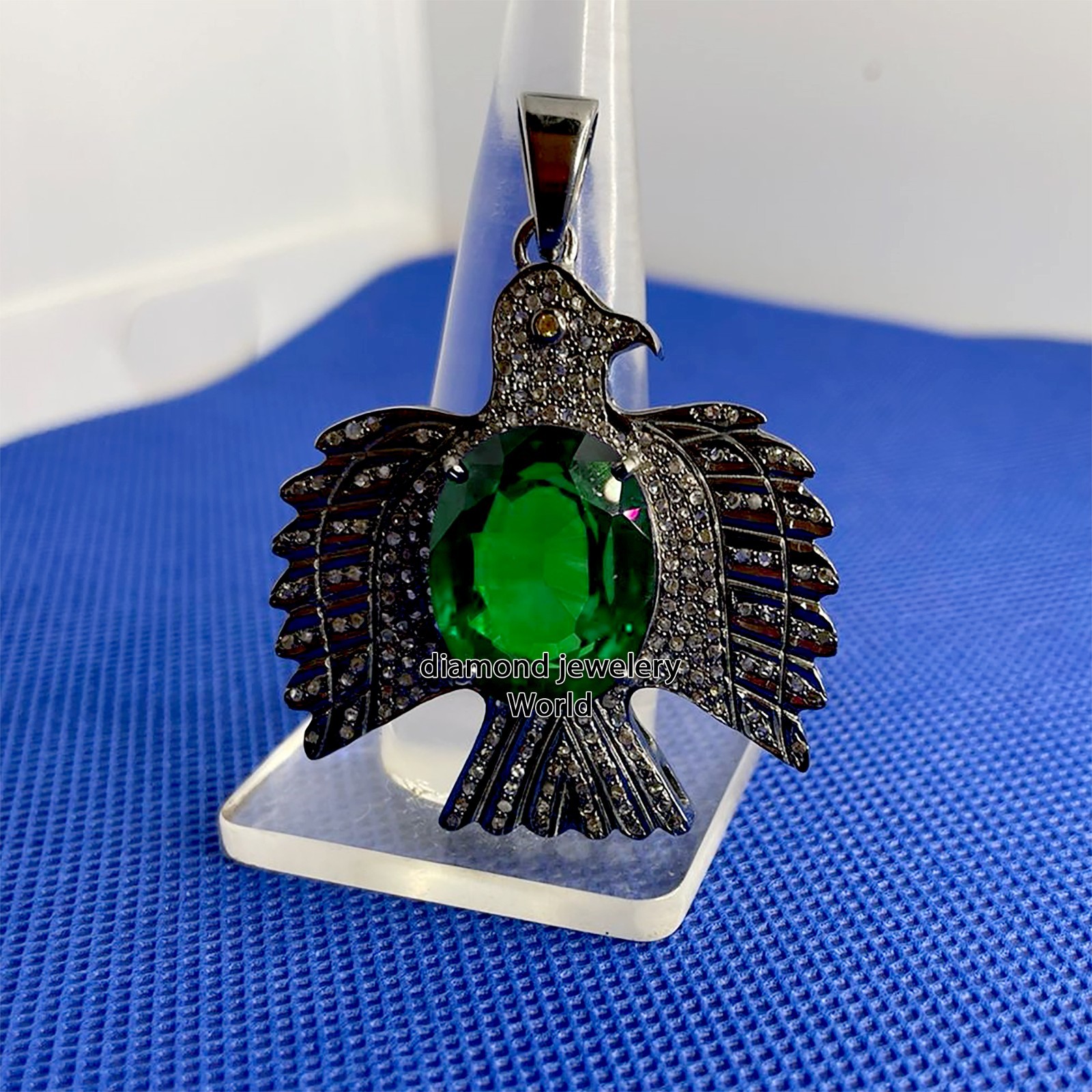 2.90ctw Rose Cut Diamond Emerald Silver Victorian Stunning Eagle Pendant Jewelry
