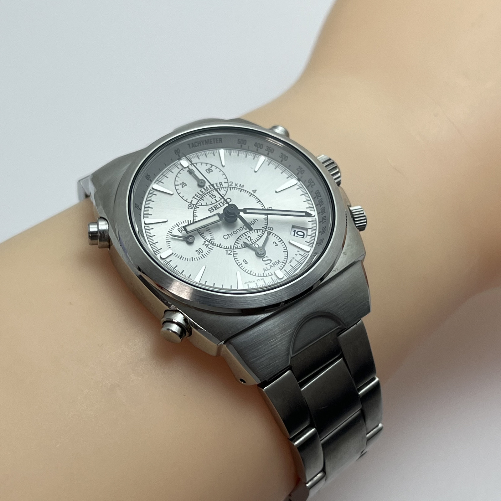 Seiko SUS 7T32 Chronograph Alarm Qz Tachymeter Date Stainless Steel Japan #B854