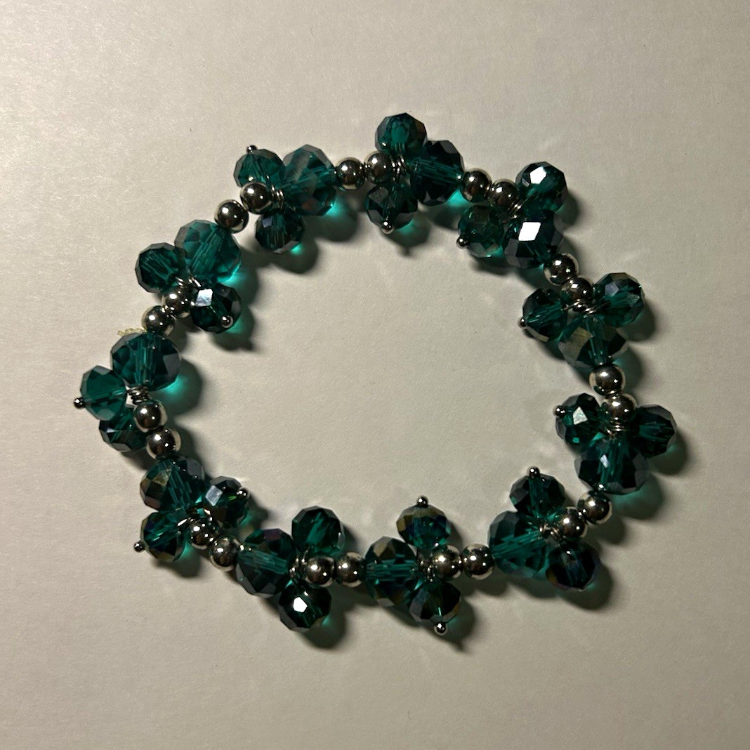Green Crystal Beaded Stretch Bracelet w/ Silver Tone Spacer Beads, Stackable