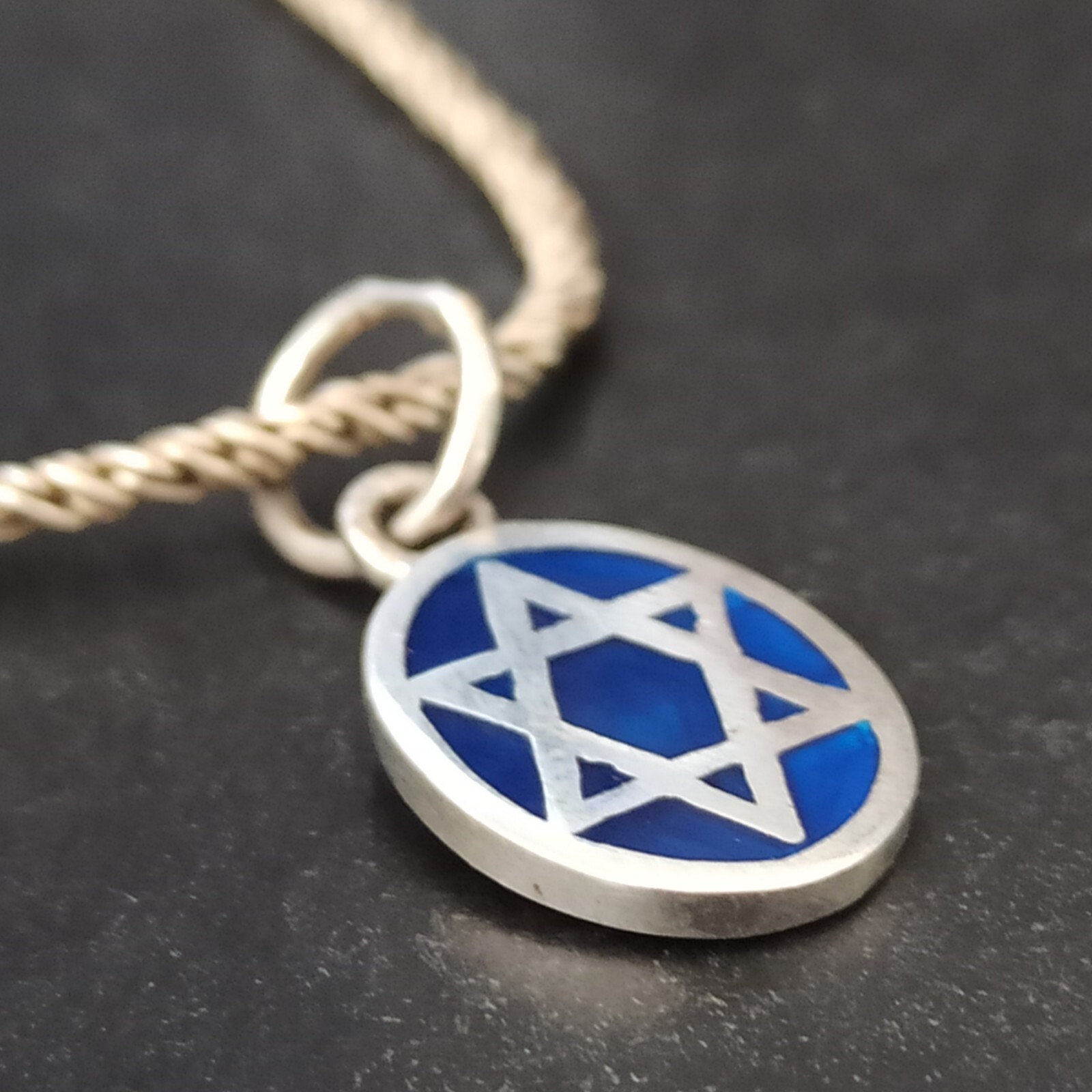 Star of David Necklace Silver Dark Blue Enamel Thick Chain Retro Classic Gift