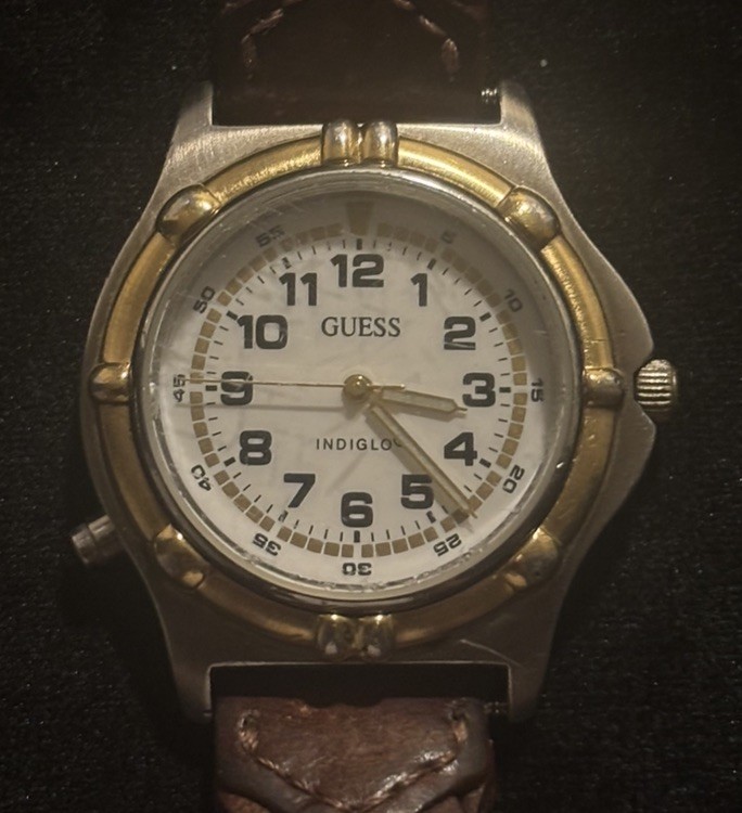 Vintage Guess Indiglo Watch Women Two Tone Round Brown Leather Braided Band 35mm