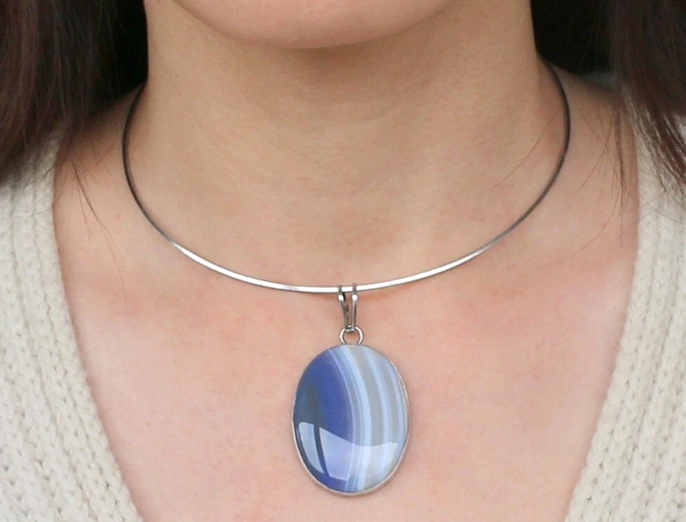 Vintage Israel Iris Agate Sterling Silver 925 Pendant w/ Choker Necklace