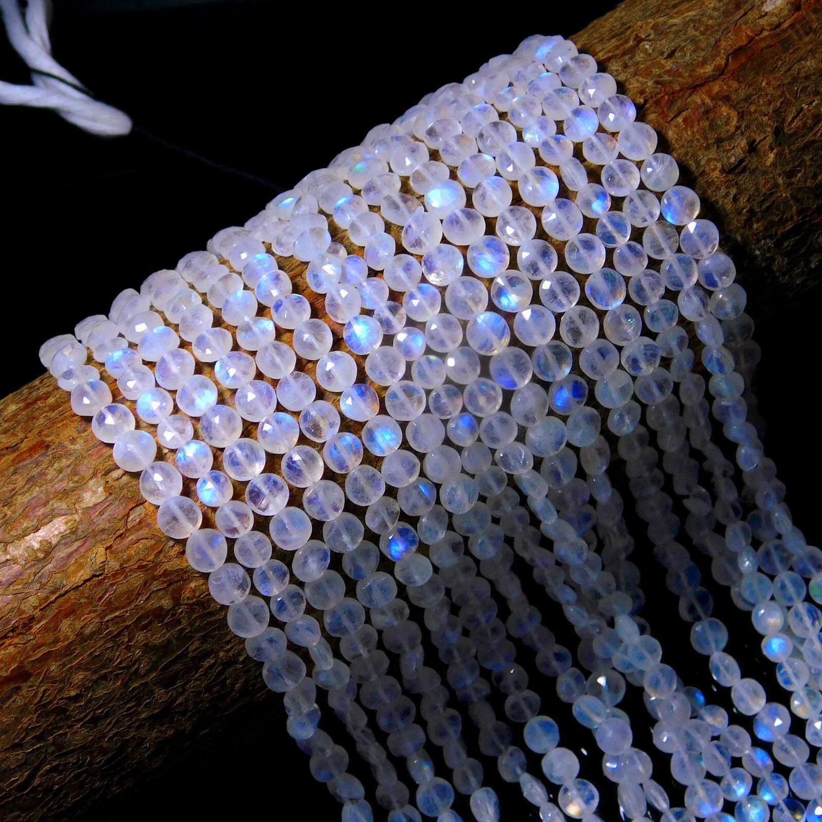 Natural Gem Rainbow Moonstone Multiple Size Blue Fire Faceted Coin Beads 13″