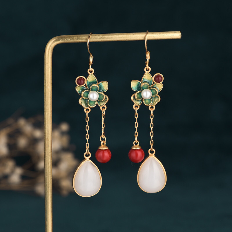 Chinese Style Retro Vintage Hetian Jade Cloisonné Earrings Women Retro Jewelry