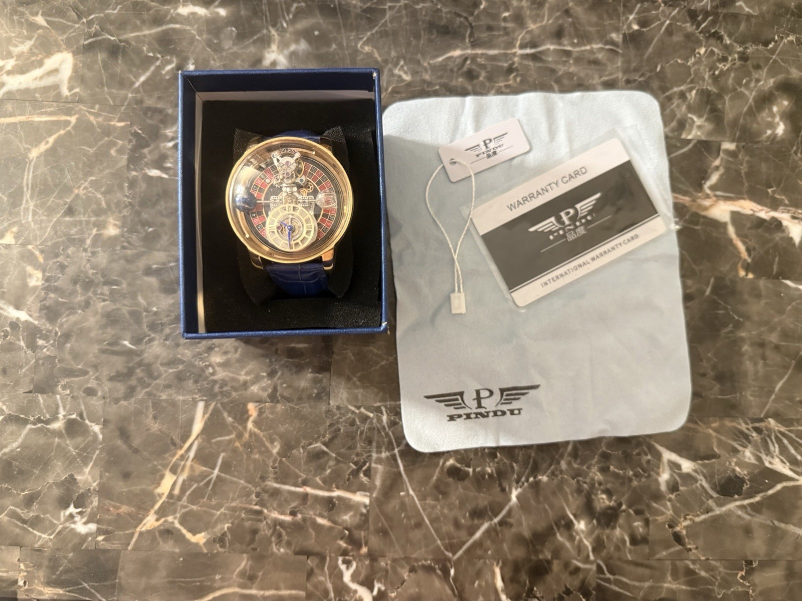 PINDU Hand Rotating Mens roulette dial Waterproof Quartz Watch LeatherStrap