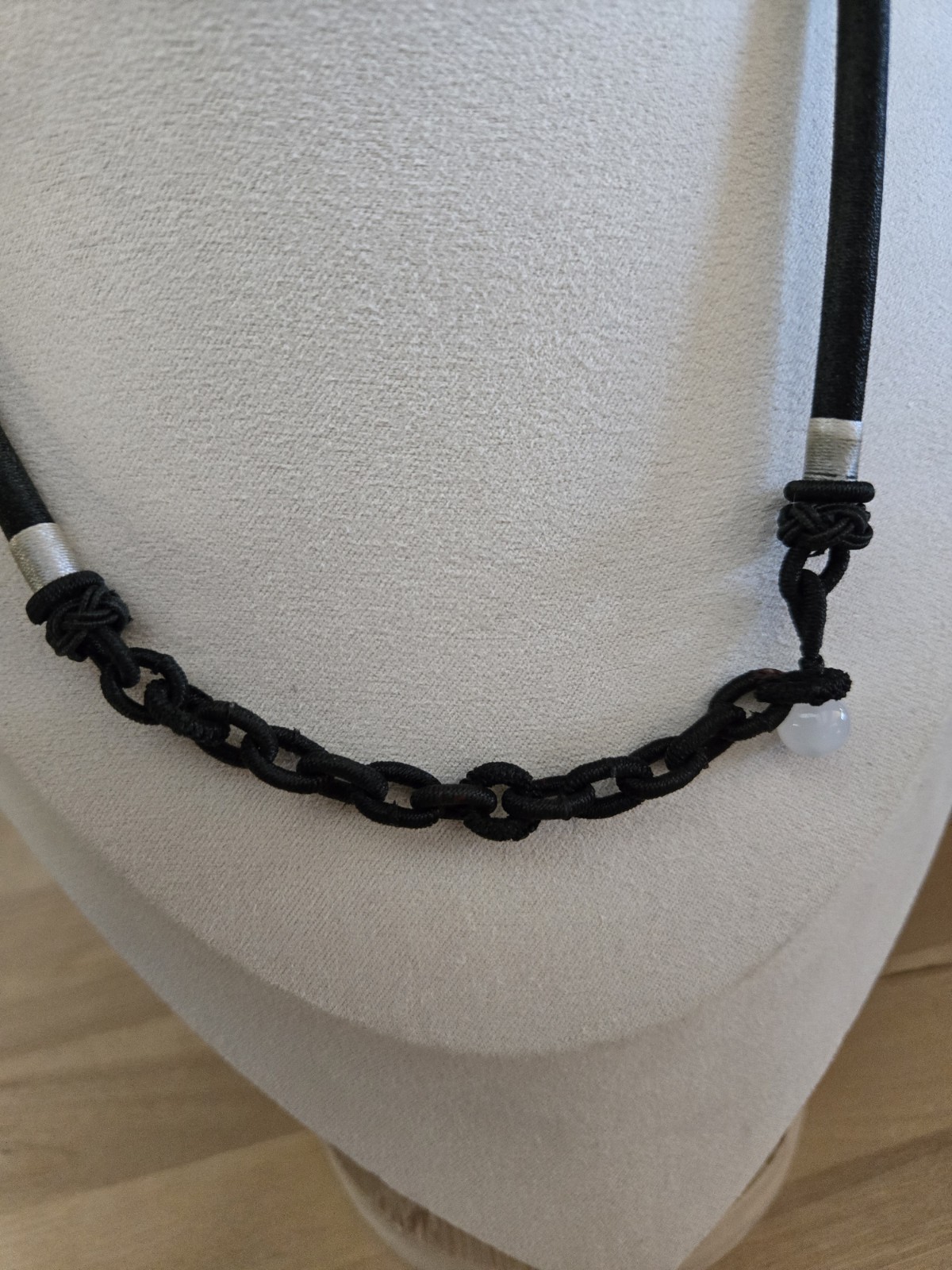 Art Glass Bead Necklace On Silver Wrapped Black Cord Boho Unique