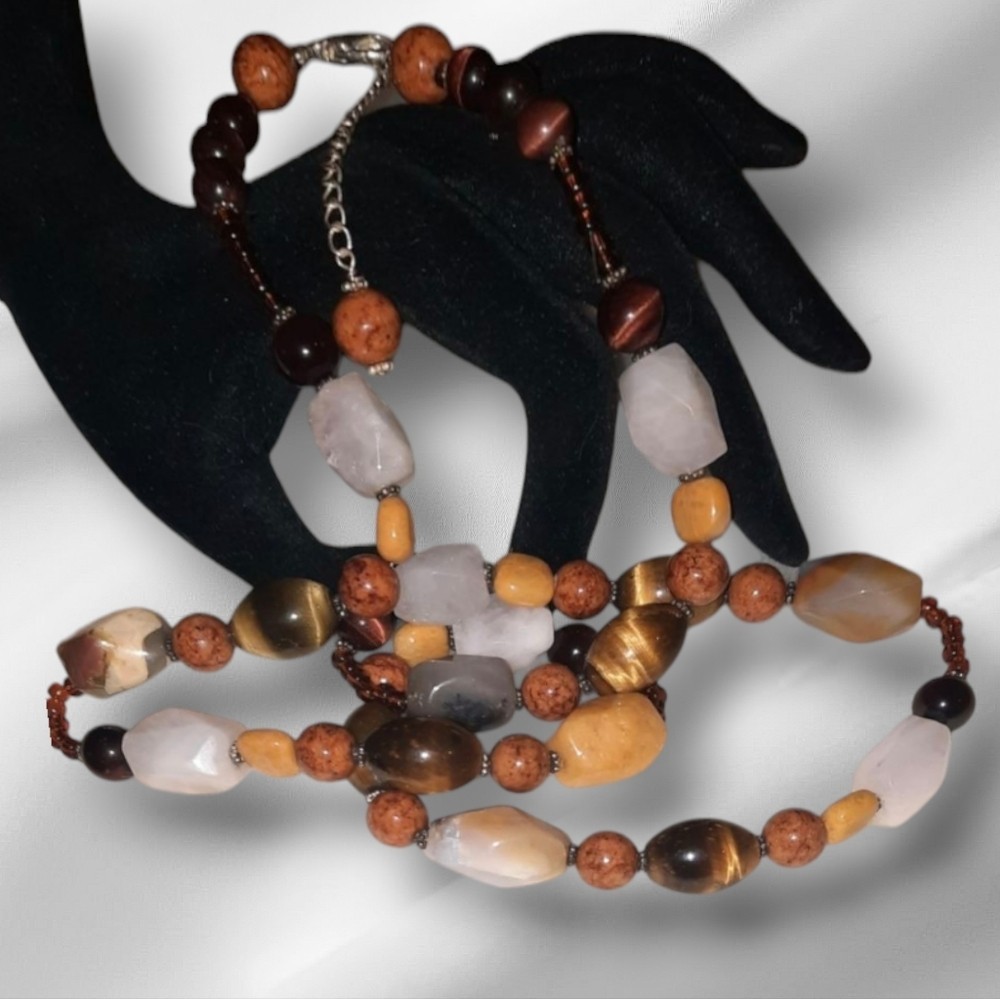 925 Sterling gem necklace Silver clasp Agate, Jasper, Onyx Southwestern Chunky