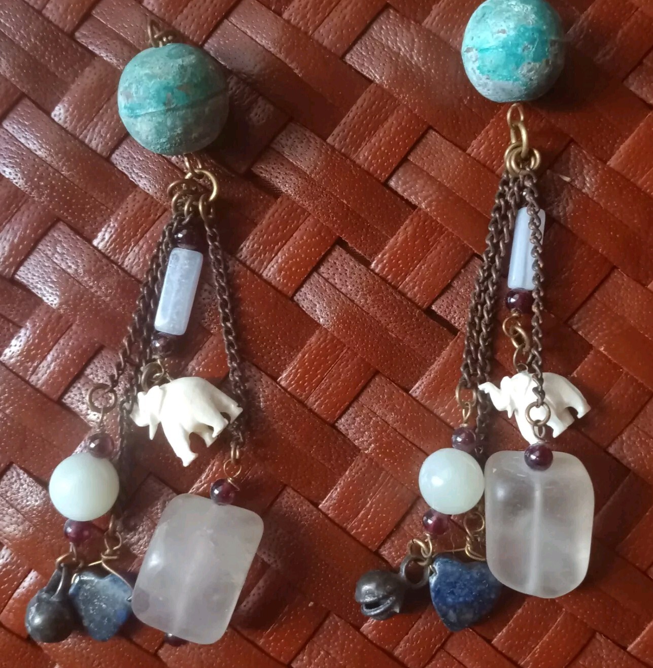 Crafted Dangle Drop Earrings 4″. Beads Granite Heart Elephant on Verdigris Ball.