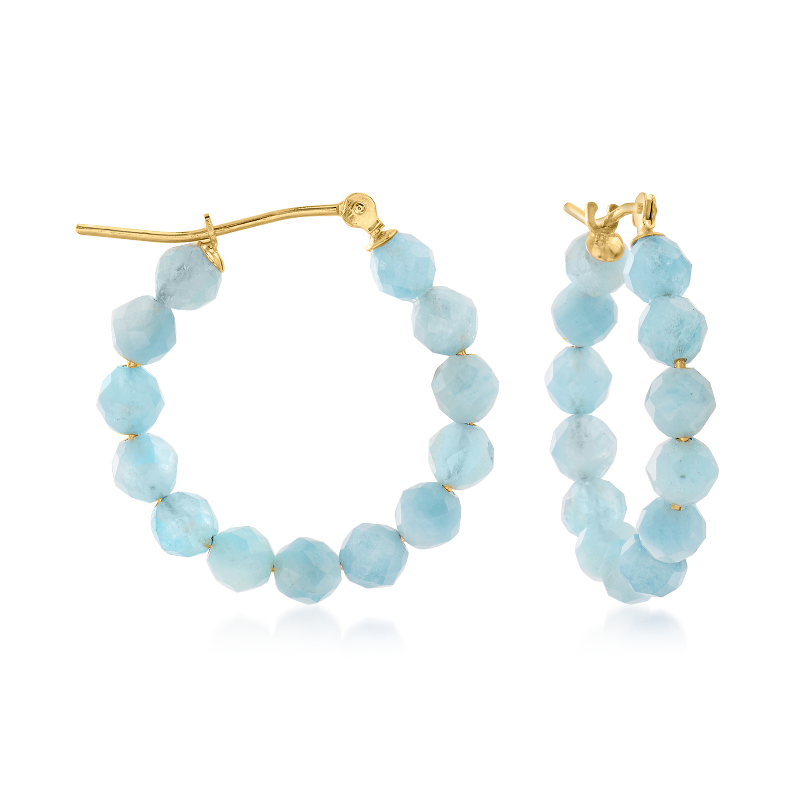 9.60 ct. t.w. Aquamarine Bead Hoop Earrings in 14kt Yellow Gold. 7/8 inches