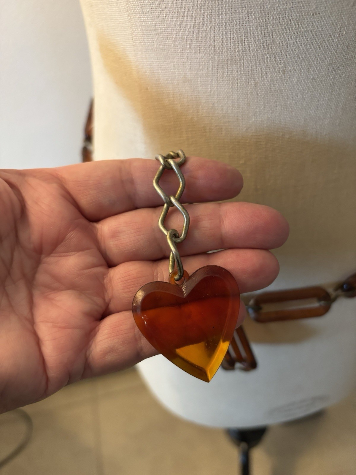 VTG 70s Lucite Link Chain Heart Charm Belt Adjustable Hook Closure