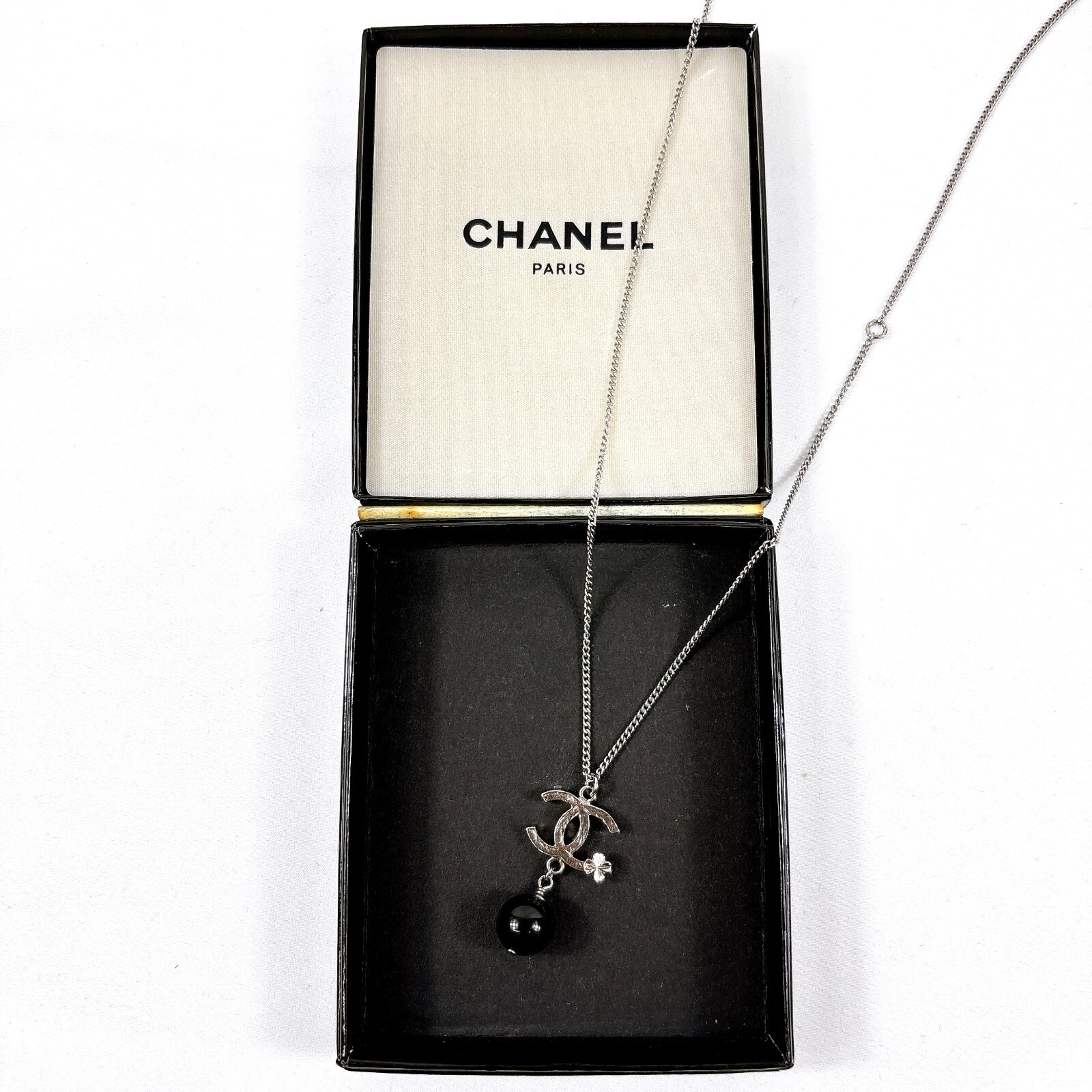 CHANEL CC Logo Necklace Silvertone Black Bead Drop Authentic B13K JAPAN B1684