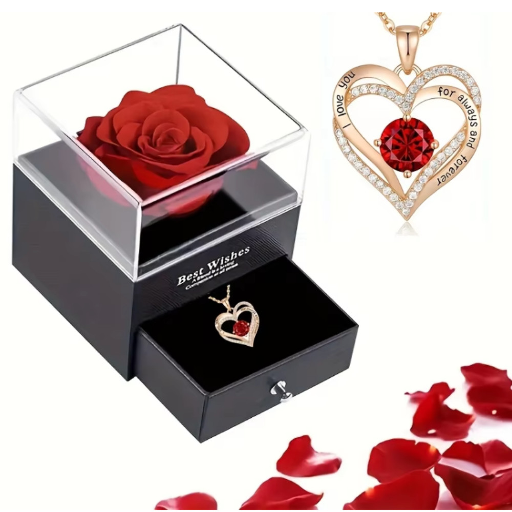 Birthday Gift Heart Necklace in Red Rose Gift Box for Girlfriend Wife Women