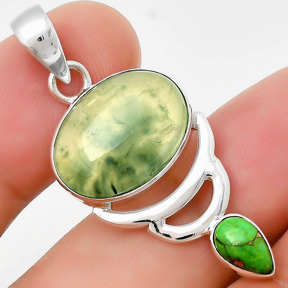 Prehnite & Copper Green Turquoise 925 Sterling Silver Pendant Jewelry P-1693