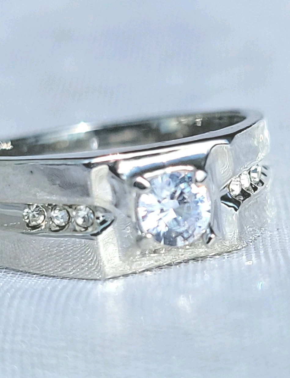 Mens Solitaire Ring White Gold EP 1 CT Simulated Diamonds (pinky)