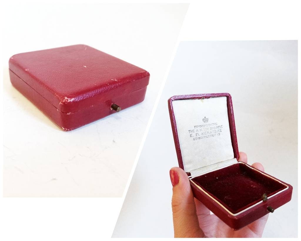 Antique burgundy jewelry Box supplier of His Majesty The King Kelaidis Greece